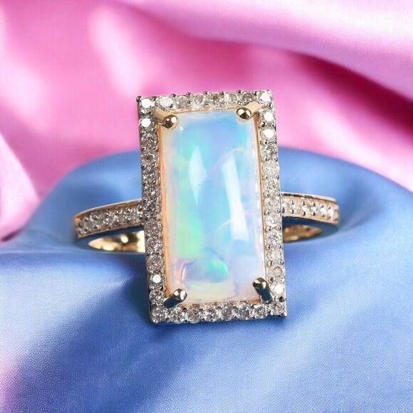 10k Gold Natural Opal Ring -Size 9- 2.80cttw Blue Opal & Halo Diamond Ring -4.3g - Picture 12 of 16